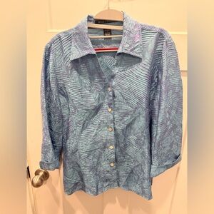 Scott Taylor Blue Abstract Textured Button Front Blouse 3/4 Sleeve Large